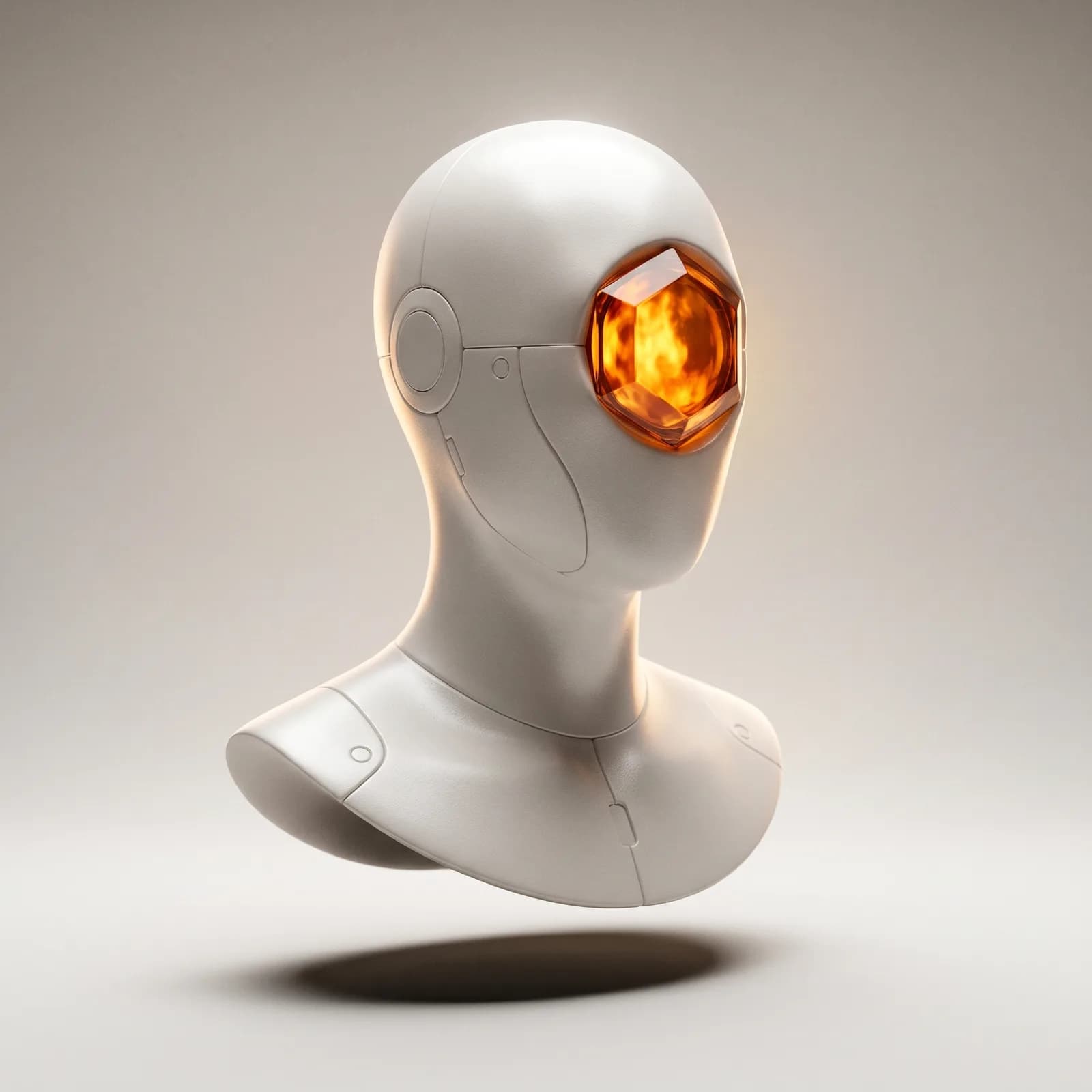 Agent Studio — composable sculptural bust with detachable panel seams and a single amber lens-eye, representing authored agents.