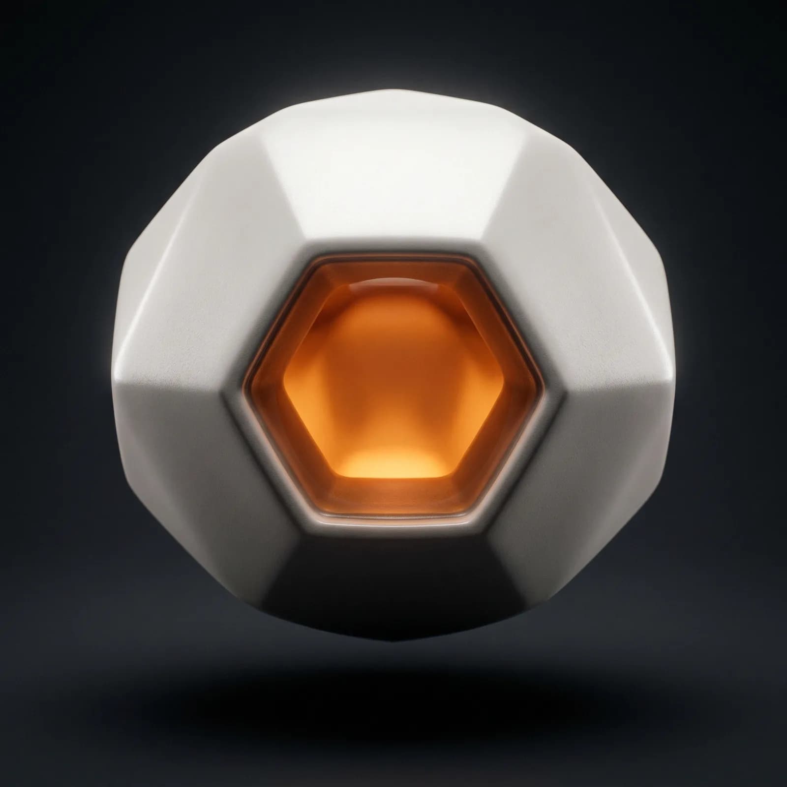 Governance & Observability — hexagonally faceted dome with one prominent central amber lens, a watching system that audits every agent action.