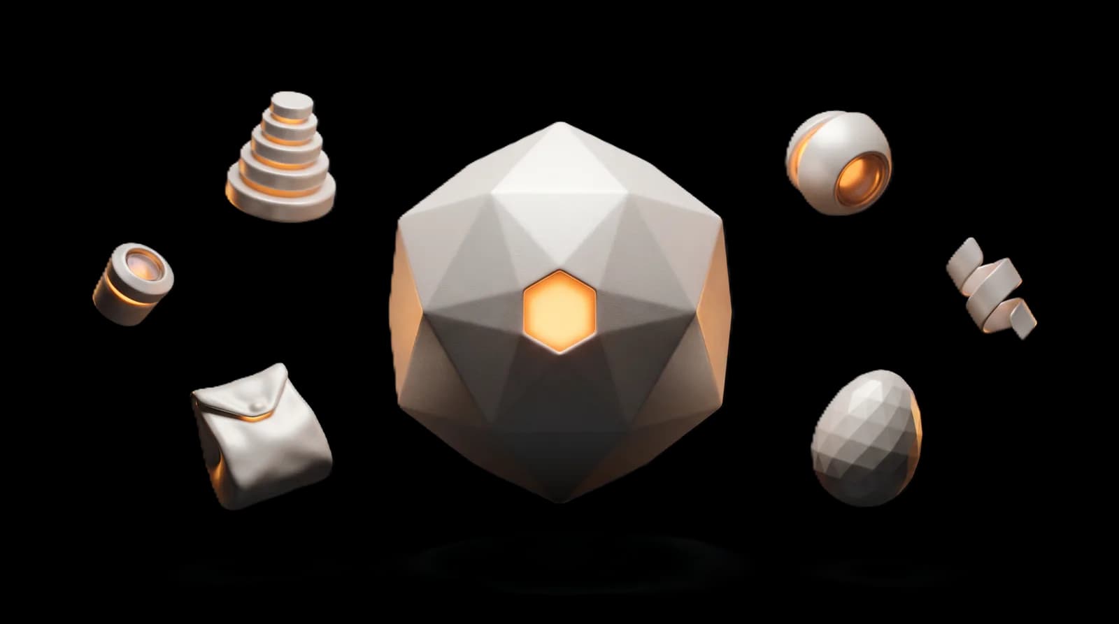 The Setrix agentic workforce: a constellation of sculptural agent forms surrounding a central orchestrator with a glowing amber aperture.